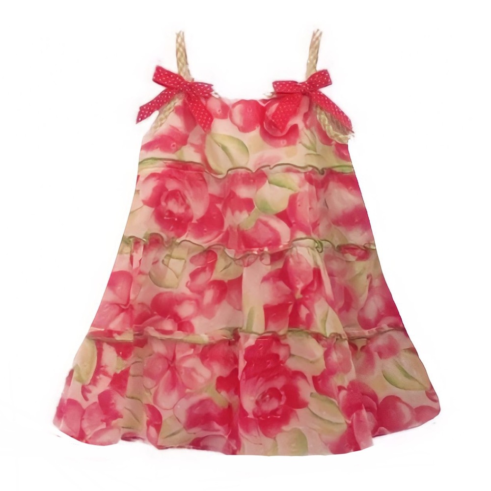 Bonnie Baby Girls 12M White, Pink and Green Floral Tiered Sundress, Springy